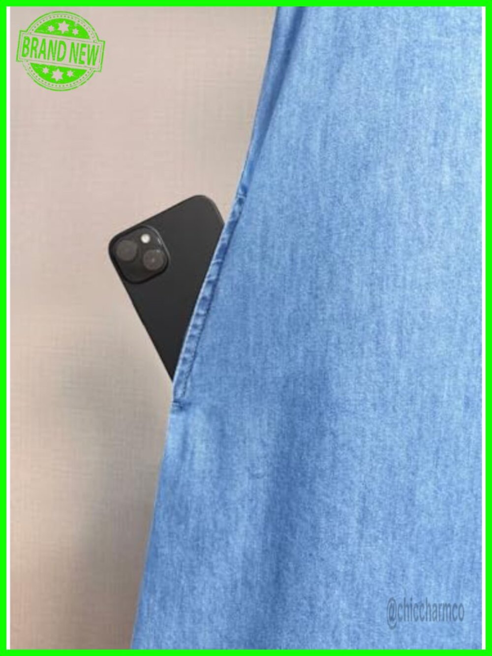 Midi Denim Shirt Dress with Pockets Short Sleeve Button Down Casual Dress - Picture 5 of 5
